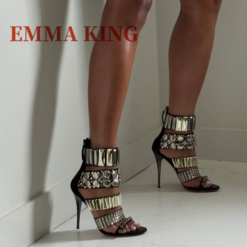 Gladiator Sandal Women - Preto embelezado tornozelo cinta sandálias verão